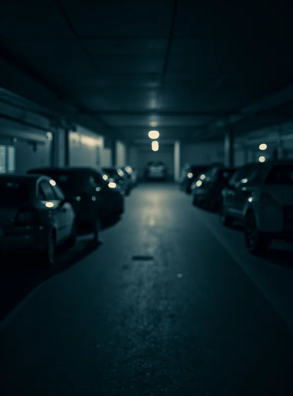 A dimly lit car park at night, with a blurred silhouette of a car in the background, symbolizing the location of the alleged crime.