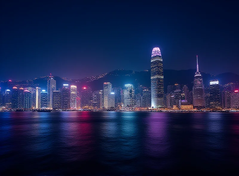 A panoramic view of the Hong Kong skyline at night, illuminated with lights, symbolizing economic development and international exchange.