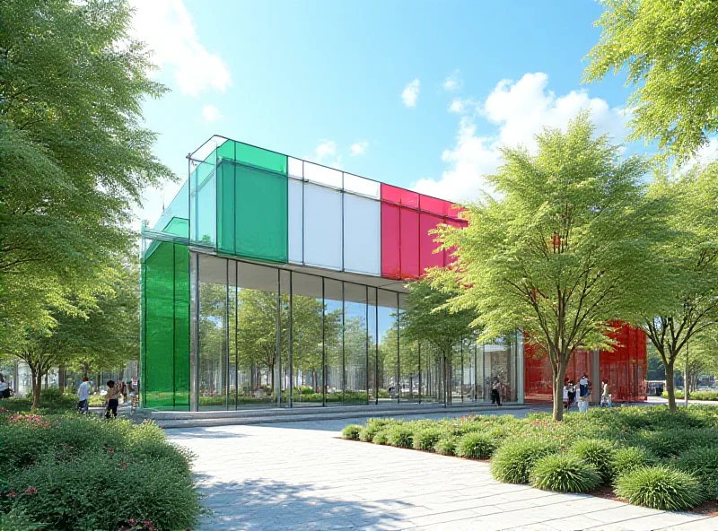 Architectural rendering of the Italy Pavilion at the Osaka Expo 2025, showcasing a modern design with Italian flag colors.