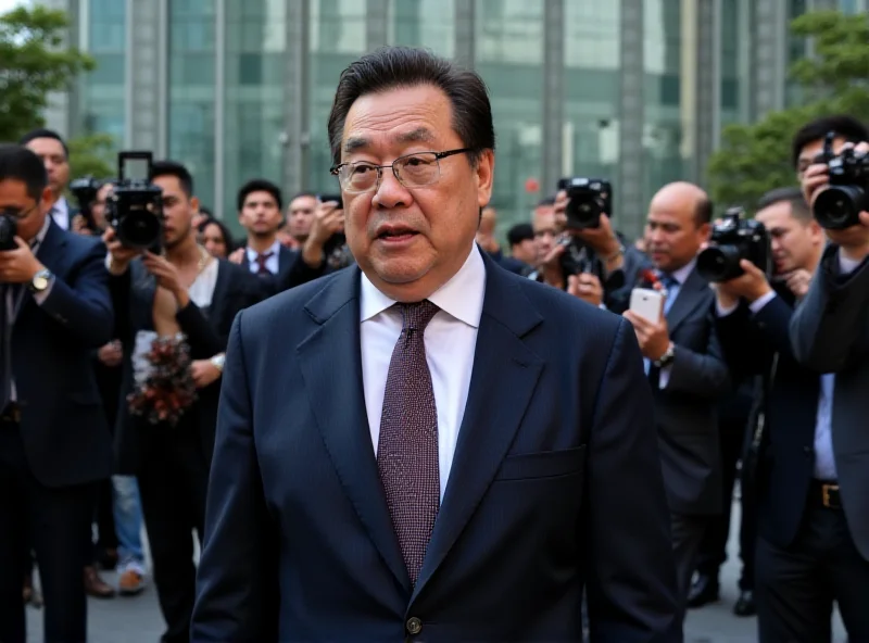 Jimmy Lai standing outside a courthouse surrounded by reporters and photographers. He appears calm and composed.