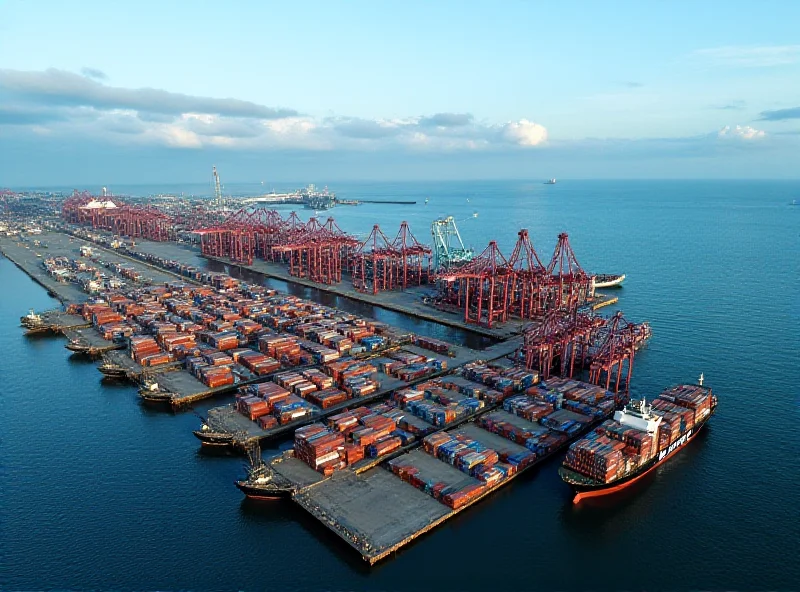 Aerial view of a large, busy port with numerous shipping containers, cranes, and cargo ships docked at the piers.