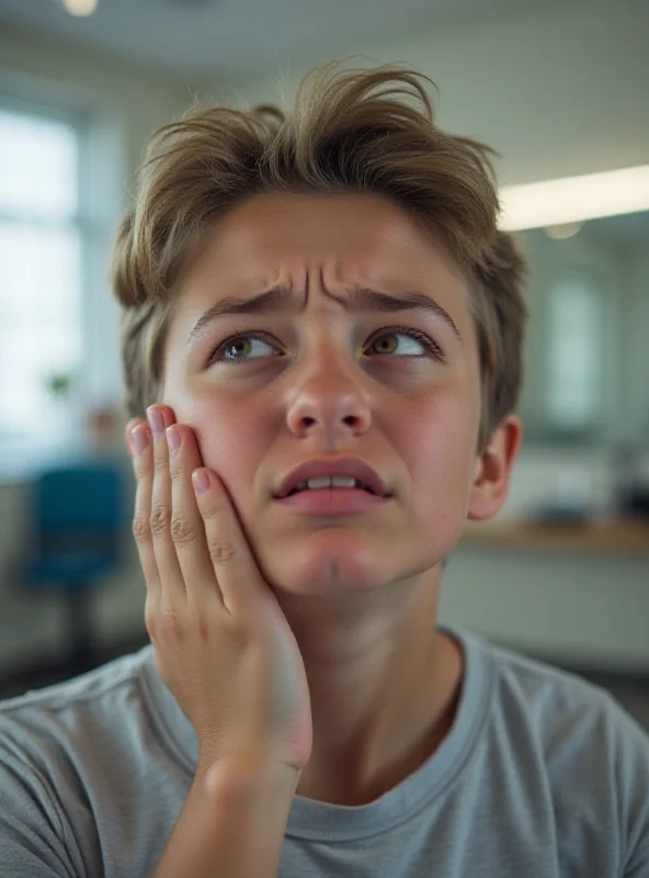 A worried teenager holding their cheek, suggesting a toothache and concerns about dental costs.