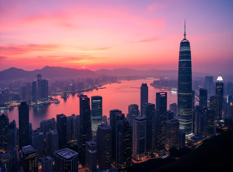 A high-angle view of the Hong Kong skyline at dusk, with Victoria Harbour in the foreground and skyscrapers illuminated against the twilight sky.