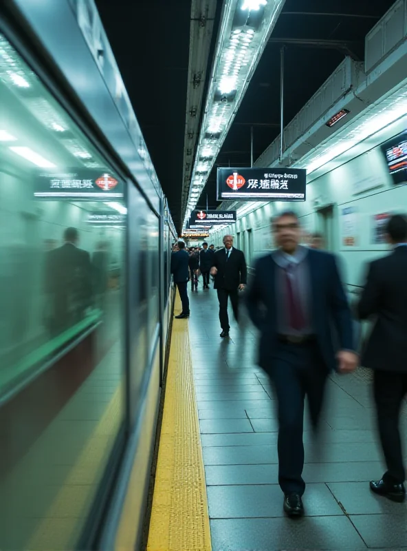 A modern subway train pulling into a station in Hong Kong, with blurred figures of commuters on the platform.