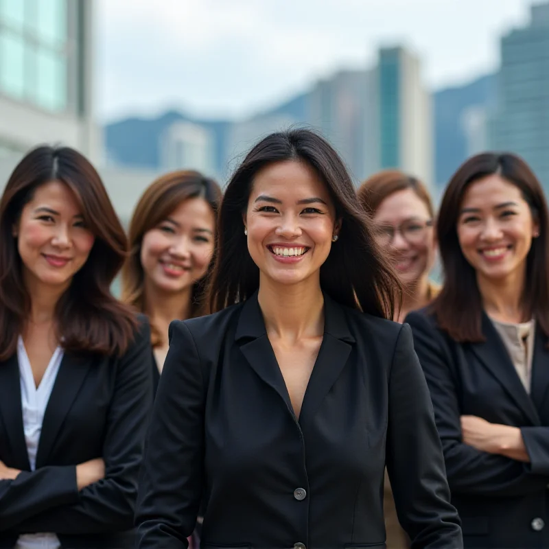 A diverse group of women in Hong Kong, representing different ages and backgrounds, smiling and looking confidently towards the camera.