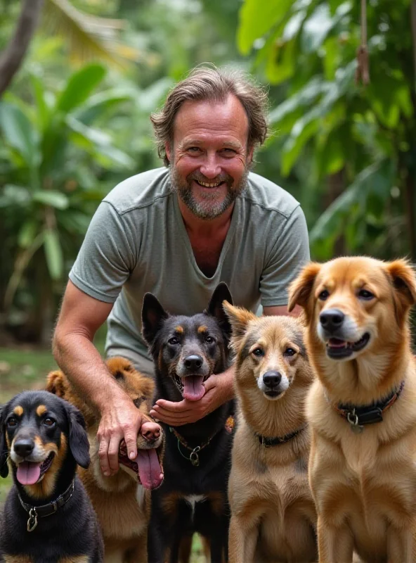 Niall Harbison surrounded by rescued dogs in Thailand.