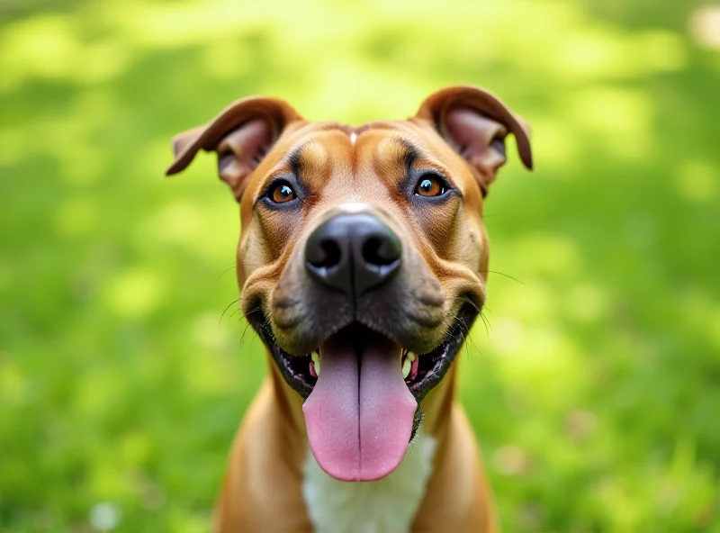 A close-up portrait of a happy American Bully XL dog. The dog has a short, smooth coat and a broad, muscular build. The background is a blurred green park.