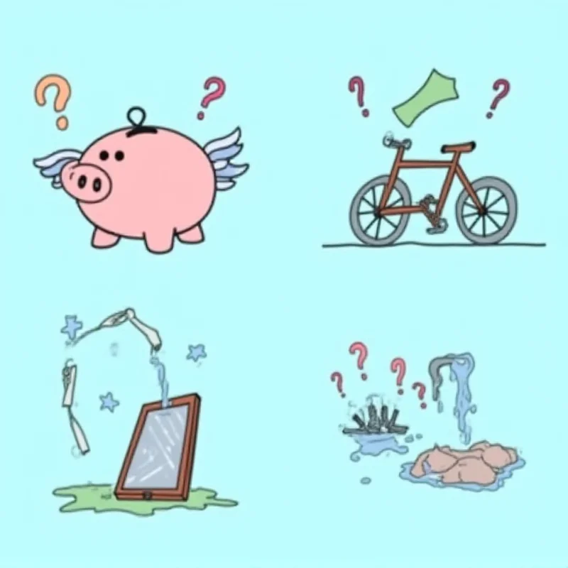 A cartoon image depicting various symbols representing government spending scandals, including a piggy bank with wings, a broken bicycle, a overflowing water tap, and a mobile phone with a cracked screen. Question marks surround the symbols.