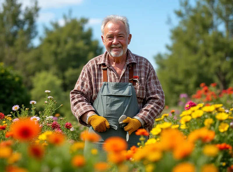 Senior man smiling while working in a garden, surrounded by plants and flowers.