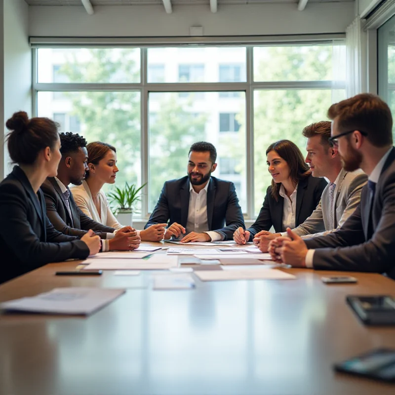 A diverse group of people working collaboratively around a table in a modern office setting.