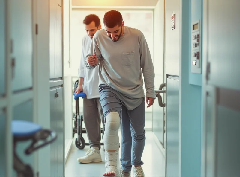 A young boy, Rami, in a physical therapy session in a Jordanian hospital, smiling as he takes a step with the aid of a physical therapist. He is wearing comfortable clothing and has bandages on his legs.