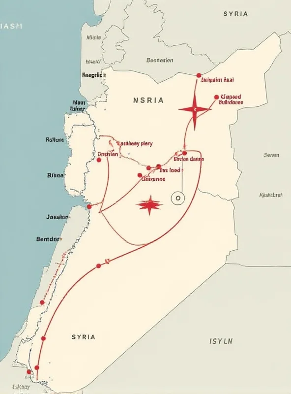 A digital illustration depicting a map of the Middle East, highlighting the regions of Israel, Syria, and Jordan. Red lines emanate from Israel towards Syria, representing strikes.