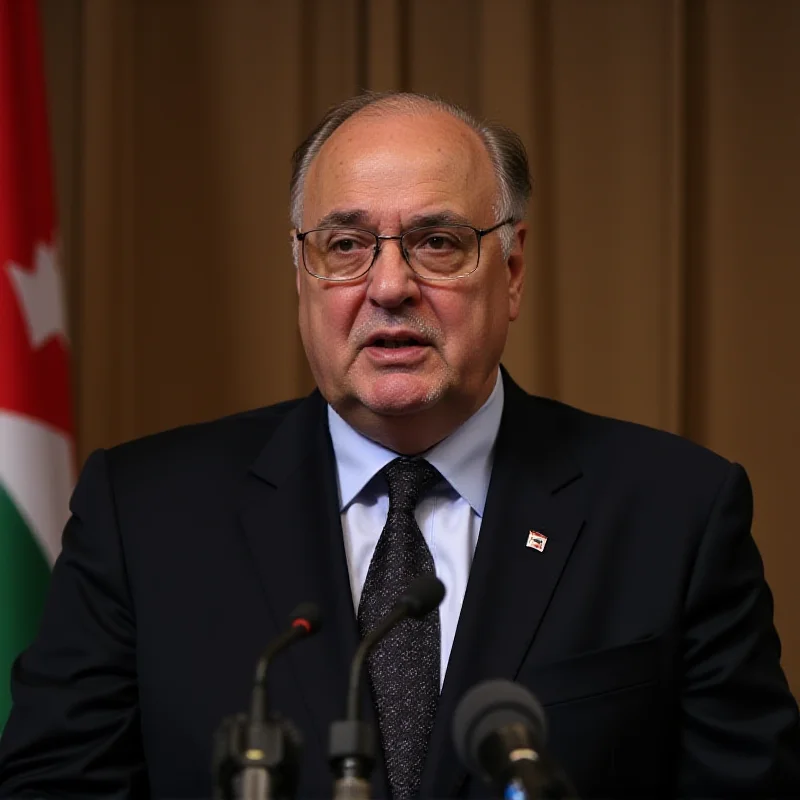 A concerned-looking Foreign Minister Ayman of Jordan, speaking at a press conference, with the Jordanian flag displayed prominently in the background.