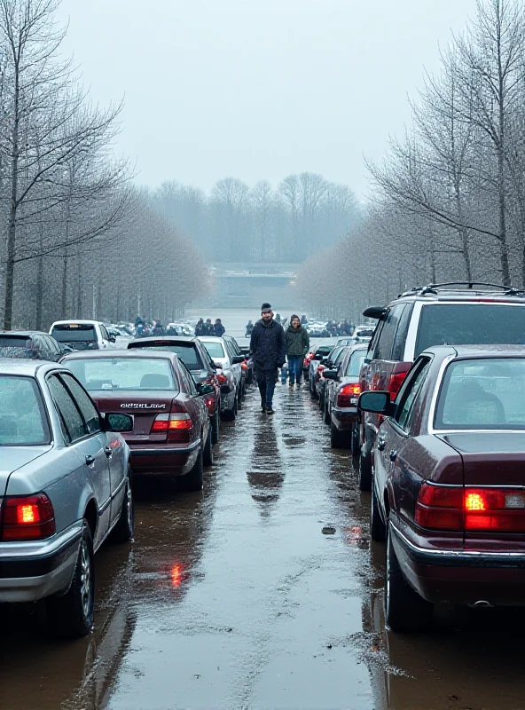 A crowded parking lot near the Vysočina Arena during the Biathlon World Cup.