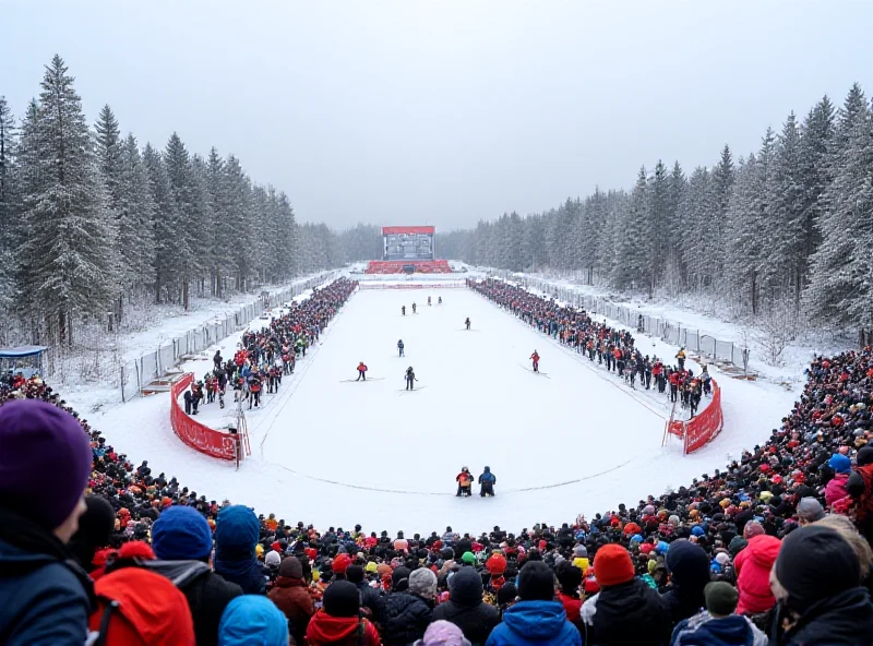 Panoramic view of the Vysočina Arena during the Biathlon World Cup, with spectators and athletes visible.