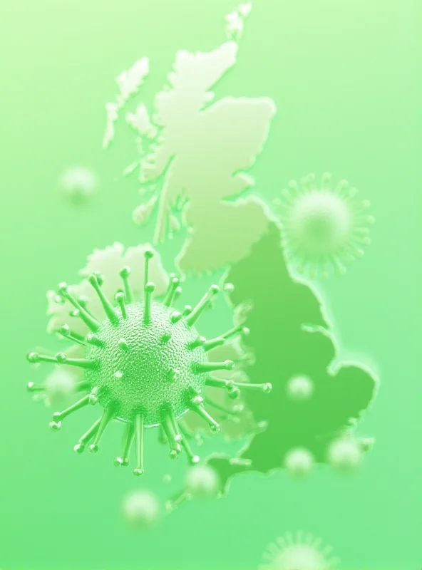 Illustration of norovirus particles with the UK flag in the background