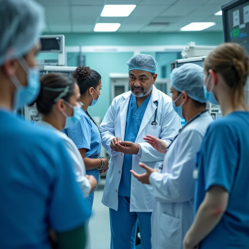 A diverse group of medical professionals in a hospital setting, working together.