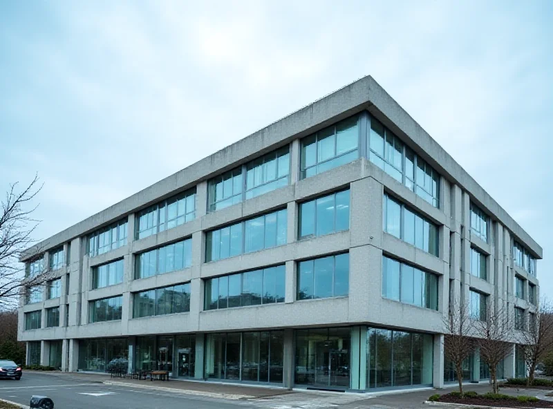 Hospital building exterior with a cloudy sky in the background.