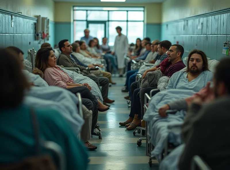 A crowded hospital waiting room with patients in beds and chairs, some looking distressed.