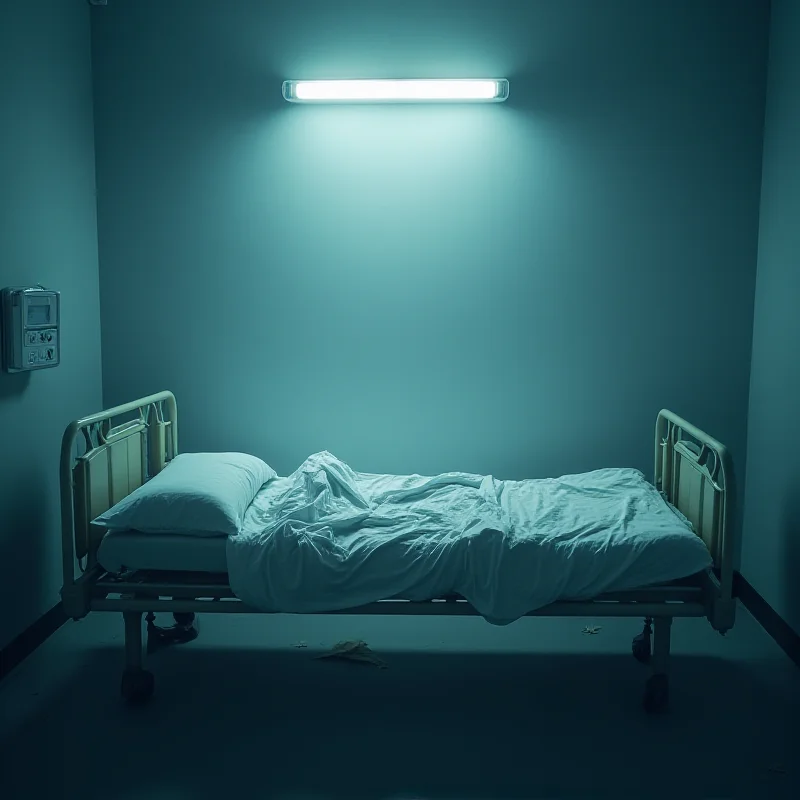 An empty hospital bed in a dimly lit room, symbolizing neglect and the absence of care.