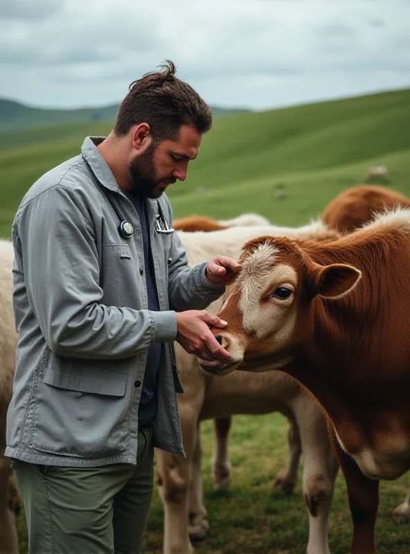 Veterinarian examining livestock in a rural setting, focusing on the animal's hooves and mouth, highlighting the importance of veterinary care in preventing disease spread.