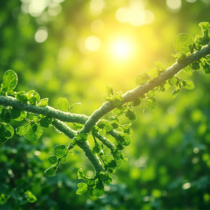 Abstract image representing longevity and health, featuring intertwined DNA strands, green leafy plants, and a glowing sun, symbolizing the combination of genetics, healthy habits, and environment.