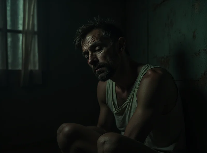 A gaunt man, looking distressed, sits in a dimly lit room. He is wearing simple clothing and appears weak.