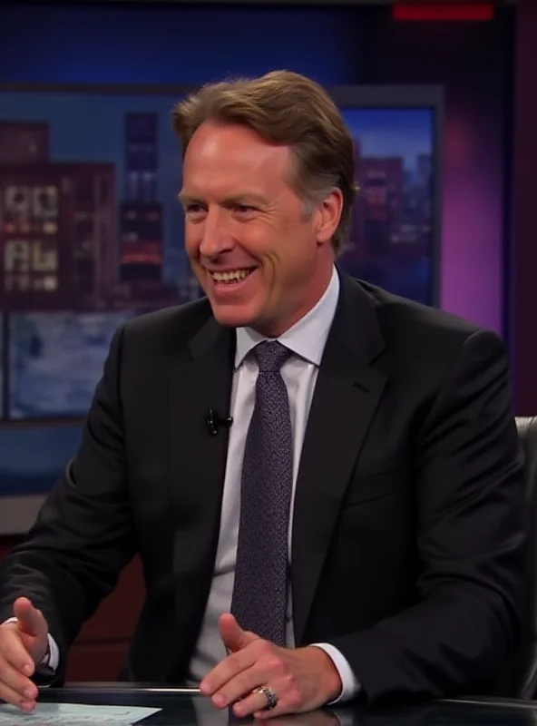 Bill Maher sitting at his desk on the set of Real Time, smiling and gesturing with his hands as he addresses the audience.