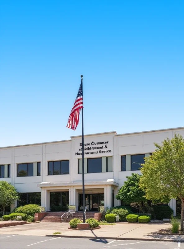 The exterior of a US Department of Veterans Affairs building with the American flag flying in front.