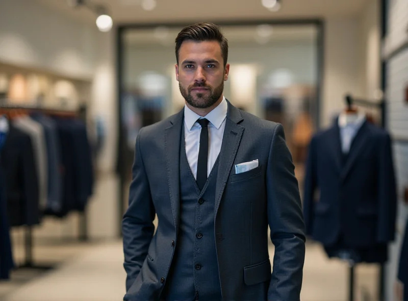 A sharply dressed man in a modern suit, standing confidently in a department store setting.