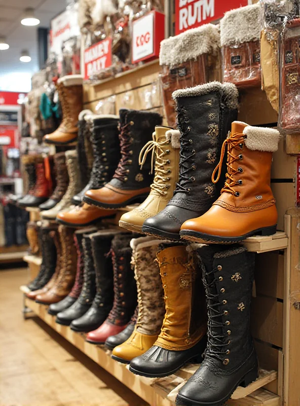 A display of various women's boots, including Sorel boots, on a sale rack in a well-lit department store.