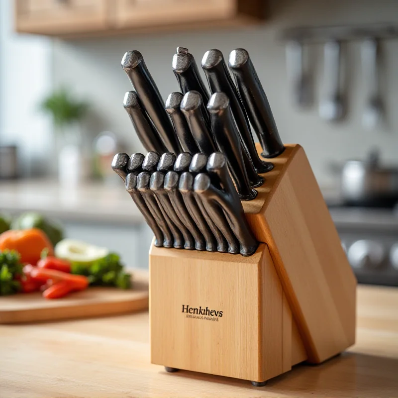 Close-up of a Henckels Definition 14-Piece Self-Sharpening Cutlery Set, neatly arranged in its wooden block on a kitchen countertop.