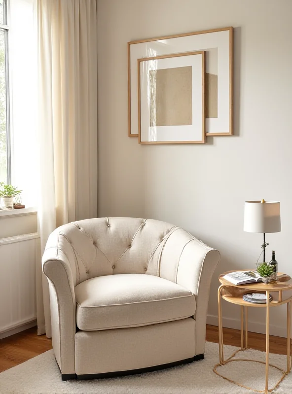 A modern microfiber upholstered swivel tufted arm accent chair in a neutral color in a living room setting.