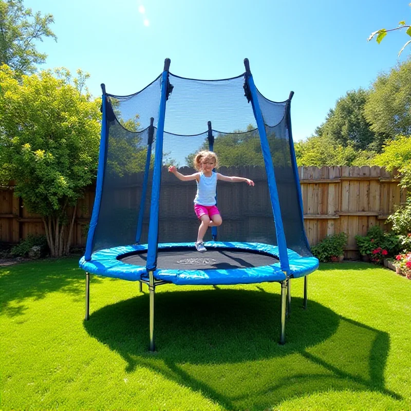 A toddler trampoline with a safety enclosure net set up in a backyard.