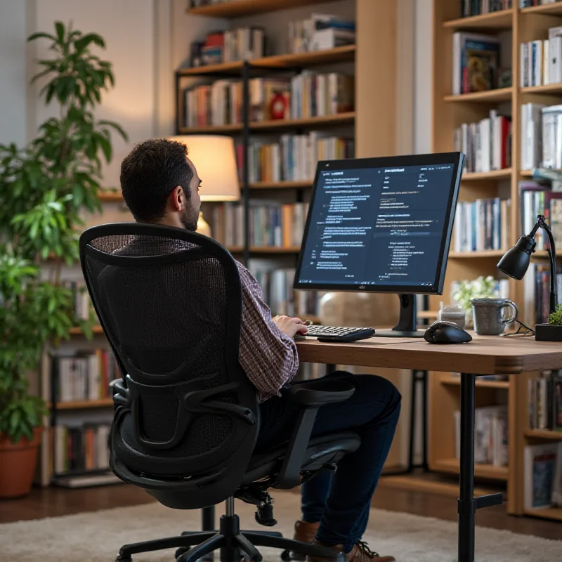 Person sitting in an ergonomic chair at a desk