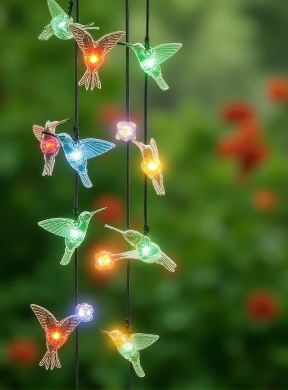 A close-up of a Solarek Solar 6-LED String Light Hummingbird Wind Chime hanging in a garden, with soft, glowing LED lights.