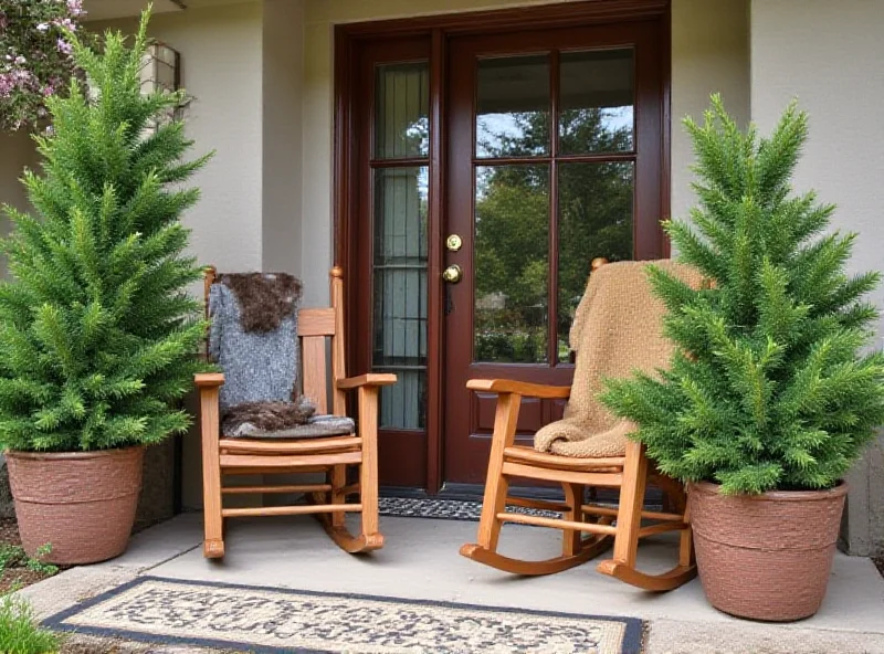 Two artificial cedar trees in pots, placed on a porch next to a rocking chair, creating a welcoming and cozy atmosphere.