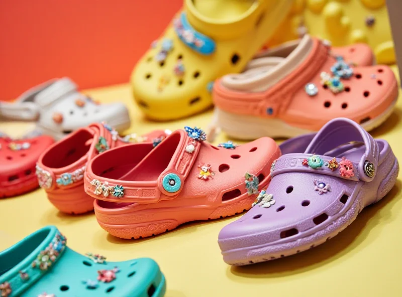 A variety of Crocs clogs and sandals in different colors and styles, with some decorated with Jibbitz charms.