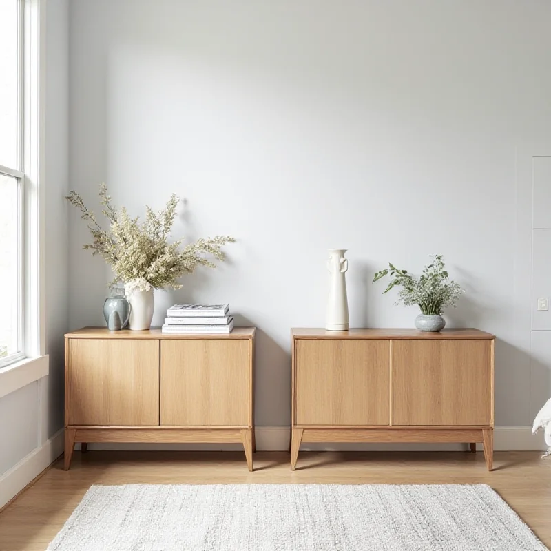 A pair of Bayou Breeze Hence 31.5” Wide Sideboards placed side-by-side in a modern living room.