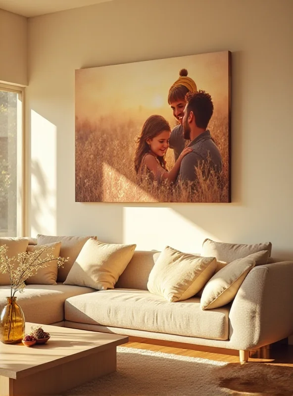 A canvas print of a family photo hanging on a wall.