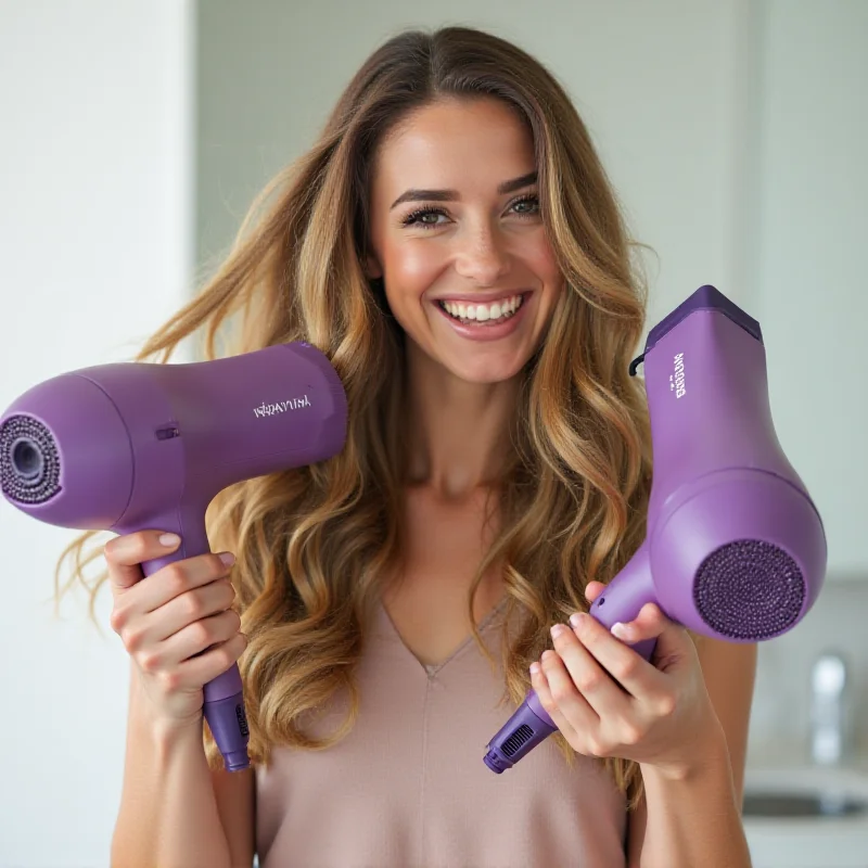 A woman drying her hair with a purple Wavytalk Ionic Hair Dryer.