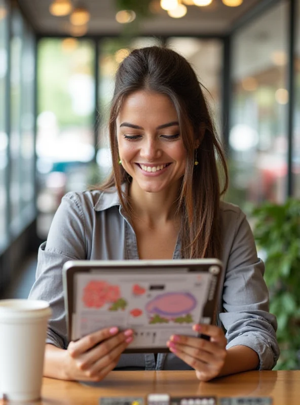 A person using an Apple iPad in a brightly lit cafe.