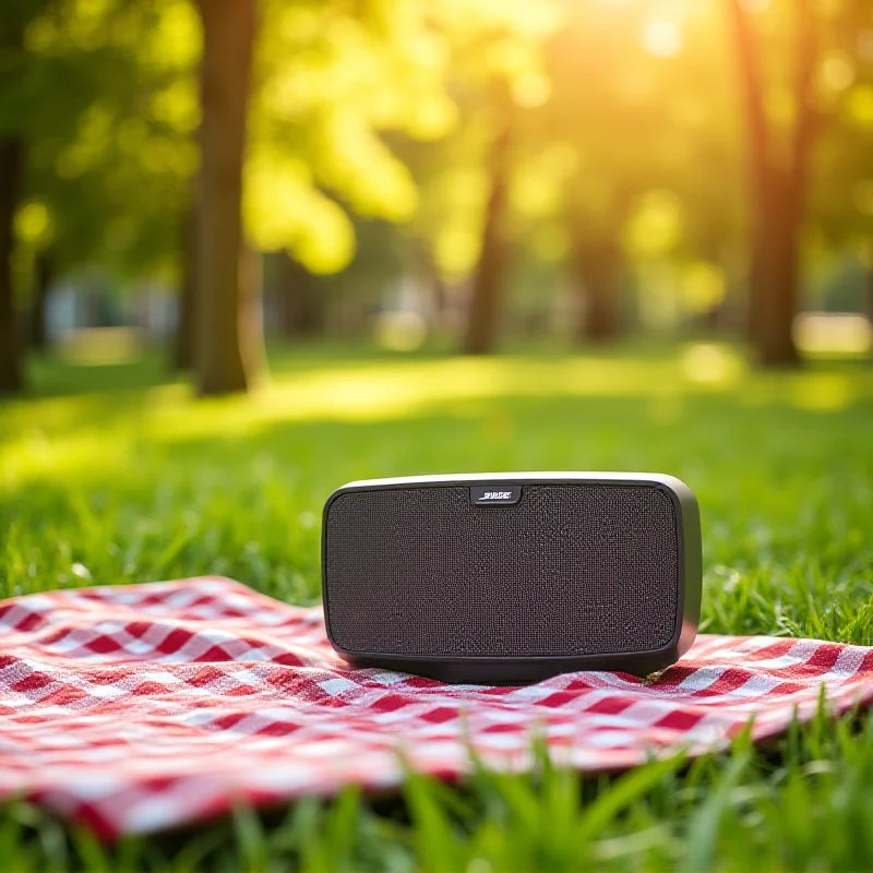 Bose SoundLink Revolve+ speaker sitting on a picnic blanket in a park.