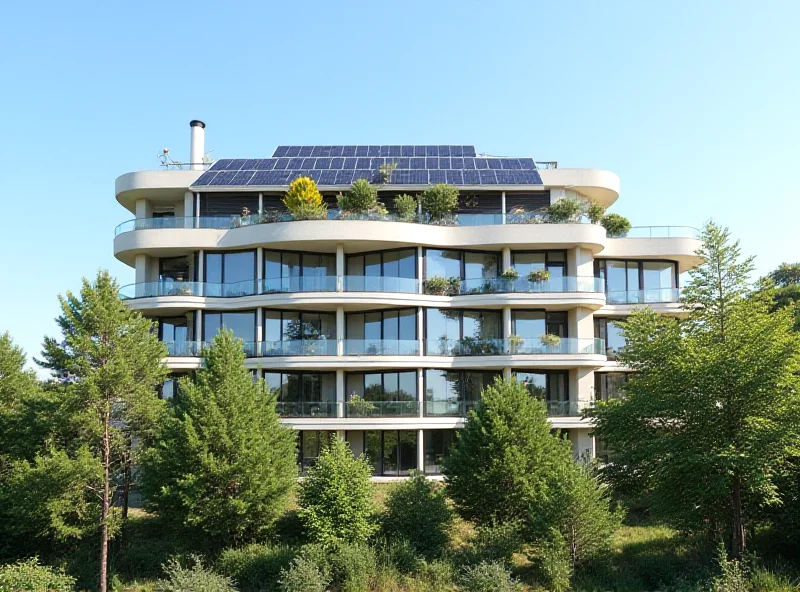 Modern European apartment building with solar panels on the roof.