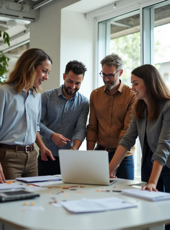 Diverse group of young professionals collaborating in a modern office setting.