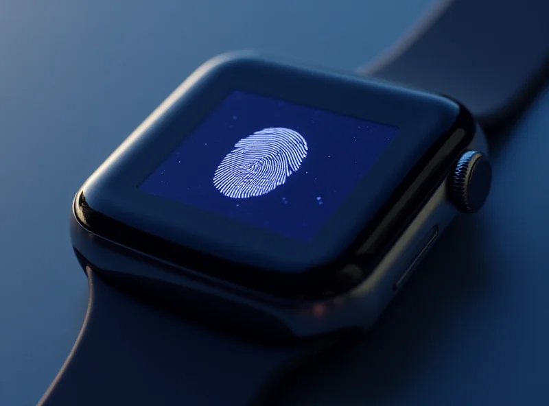 Close-up rendering of a futuristic smartwatch with a fingerprint icon on the screen.