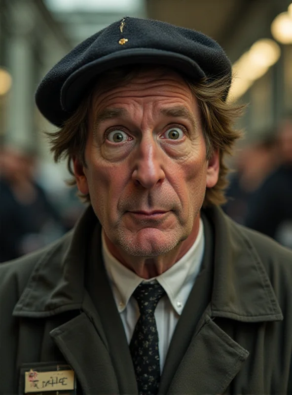 Hugh Grant as Phoenix Buchanan in Paddington 2, wearing a prison uniform and looking surprised.