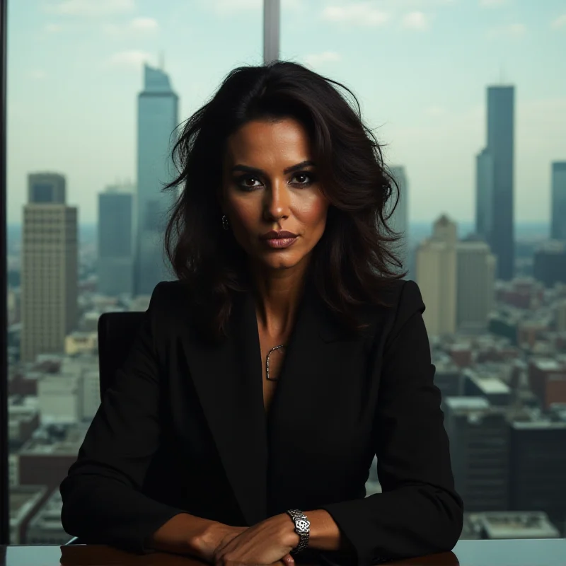 A confident woman, Poorna Jagannathan, dressed in stylish but serious business attire, sitting in a luxurious office.