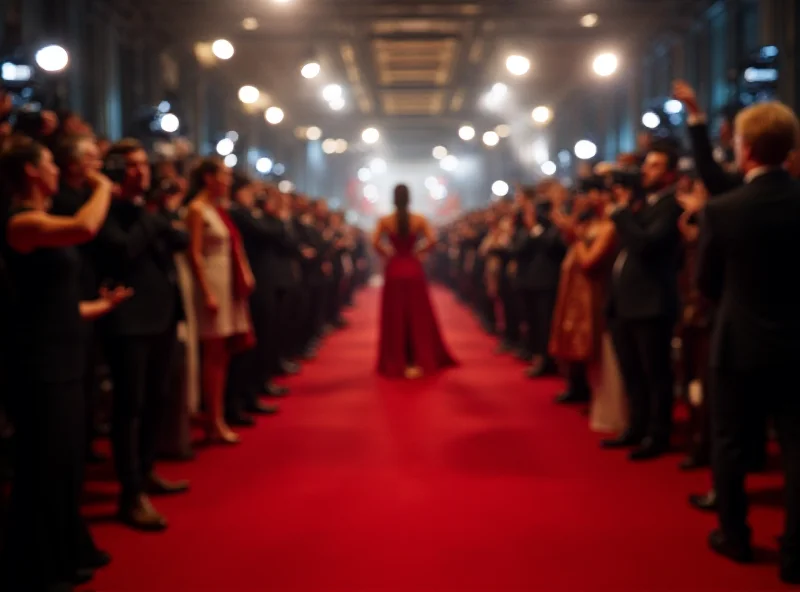 A wide shot of an awards ceremony red carpet, with celebrities in glamorous attire posing for photographers. The focus is on the energy and excitement of the event.