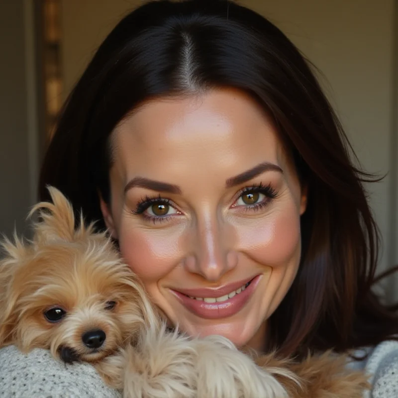 A close-up photo of Demi Moore smiling while cuddling a small dog. She is wearing casual clothing and appears relaxed and happy. The background is blurred, suggesting a comfortable, private setting.